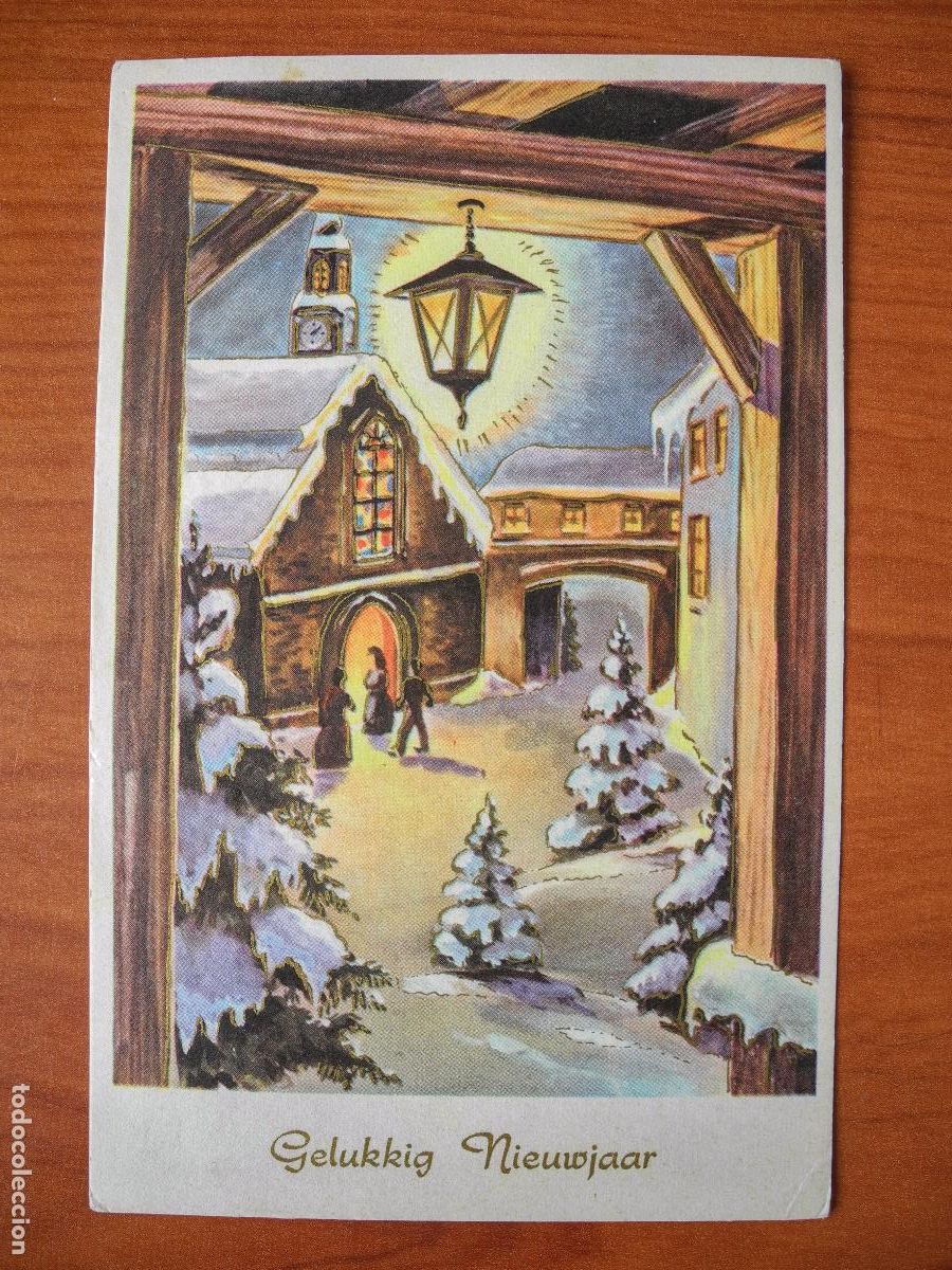 Postais: Navidad Paisaje nevado Personas Iglesia Farol Puerta Trazos dorados Circulada con sello 14x9