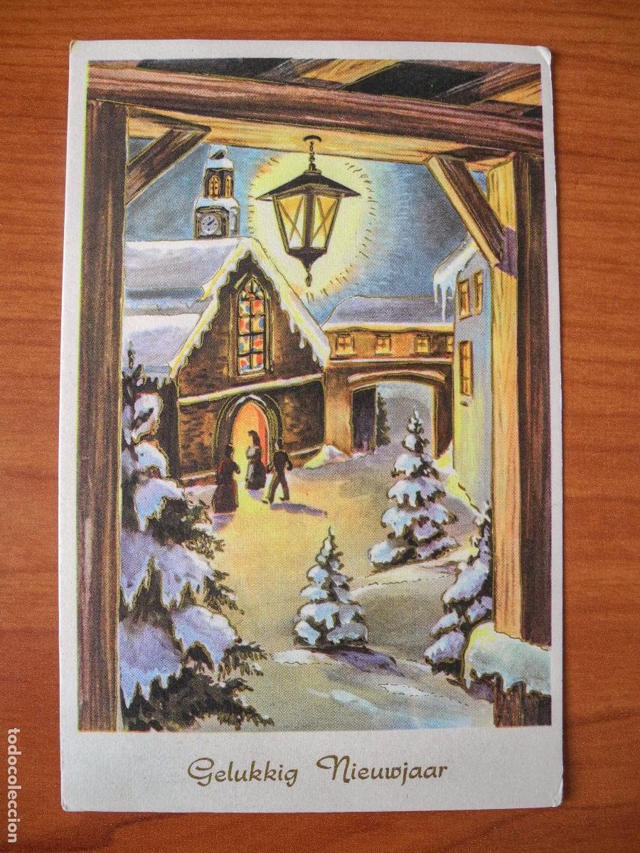 Postais: Navidad Paisaje nevado Personas Iglesia Farol Puerta Trazos dorados Circulada con sello 1964 14x9