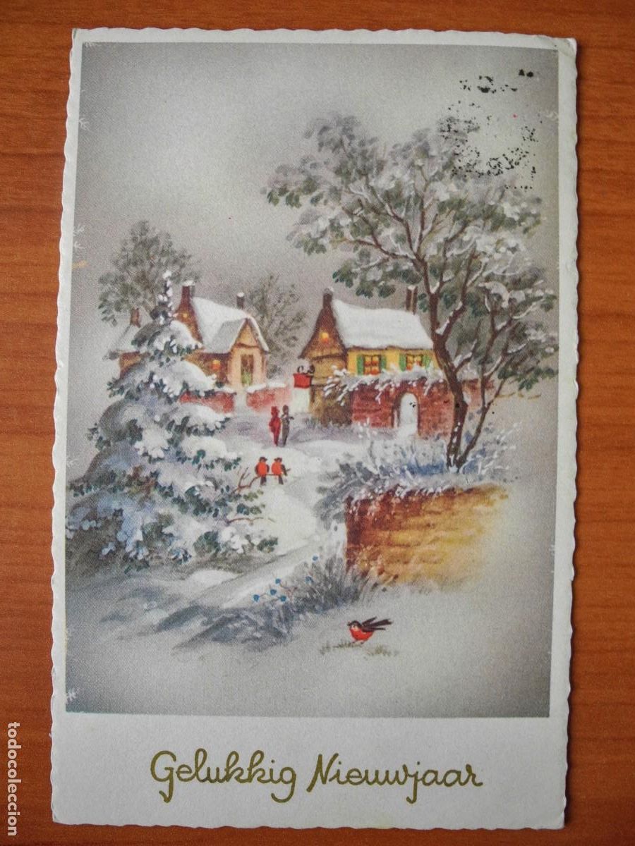 Postais: Navidad Paisaje nevado Personas casas Troquelada Circulada con sello 1962 9x14