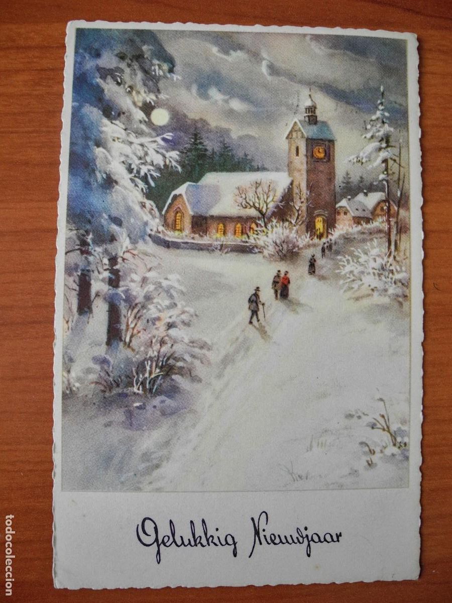 Postais: Navidad Paisaje nevado Personas Iglesia Troquelada Circulada con sello 9x14