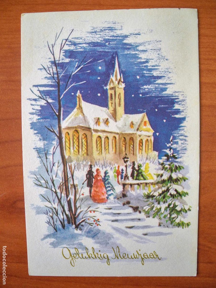 Postkarten: Navidad Paisaje nevado Personas Iglesia. Escrita 9x14
