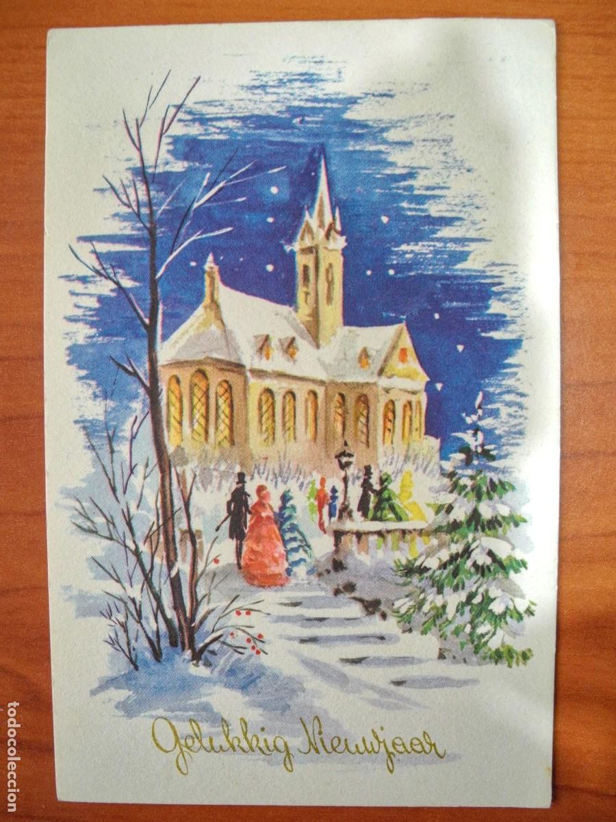 Postkarten: Navidad Paisaje nevado Personas Iglesia. Circulada con sello 1961 9x14