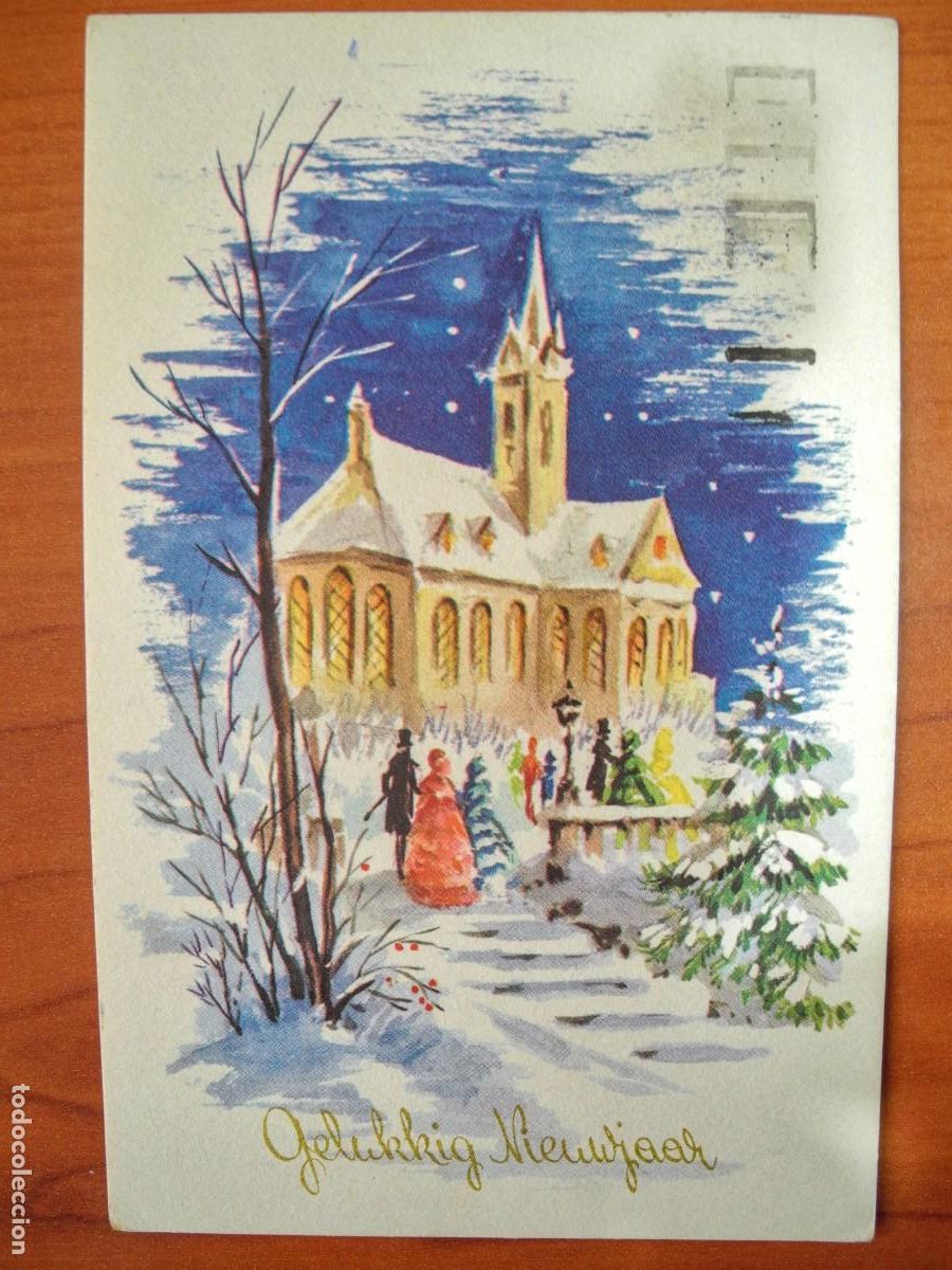 Postkarten: Navidad Paisaje nevado Personas Iglesia. Circulada con sello 9x14