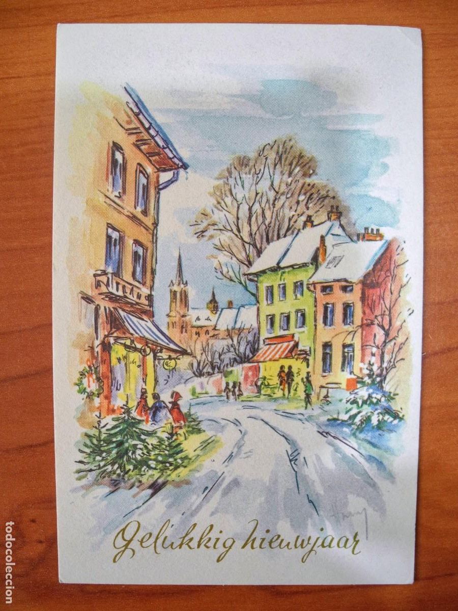 Postkarten: Navidad Ciudad nevada Calle Personas Iglesia. Escrita 9x14