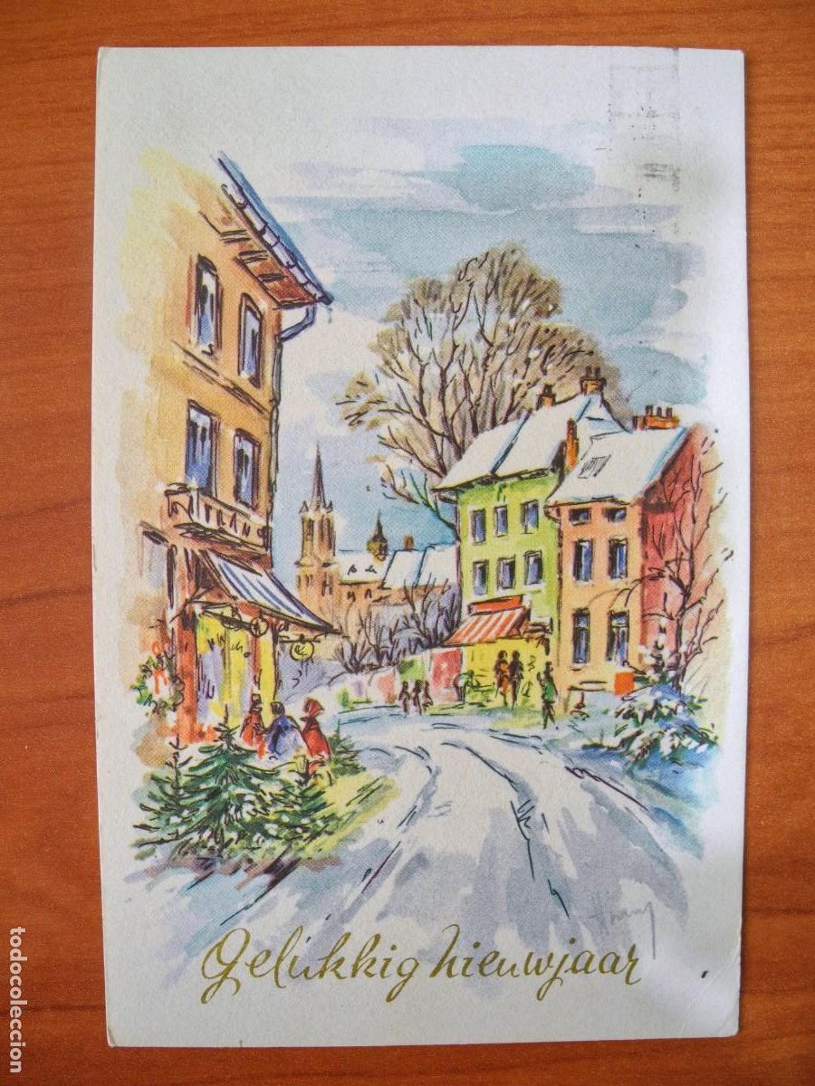 Postkarten: Navidad Ciudad nevada Calle Personas Iglesia. Circulada con sello 9x14