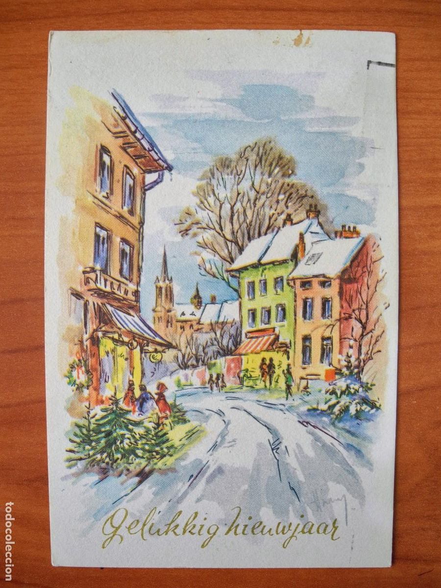 Postkarten: Navidad Ciudad nevada Calle Personas Iglesia. Circulada con sello 9x14