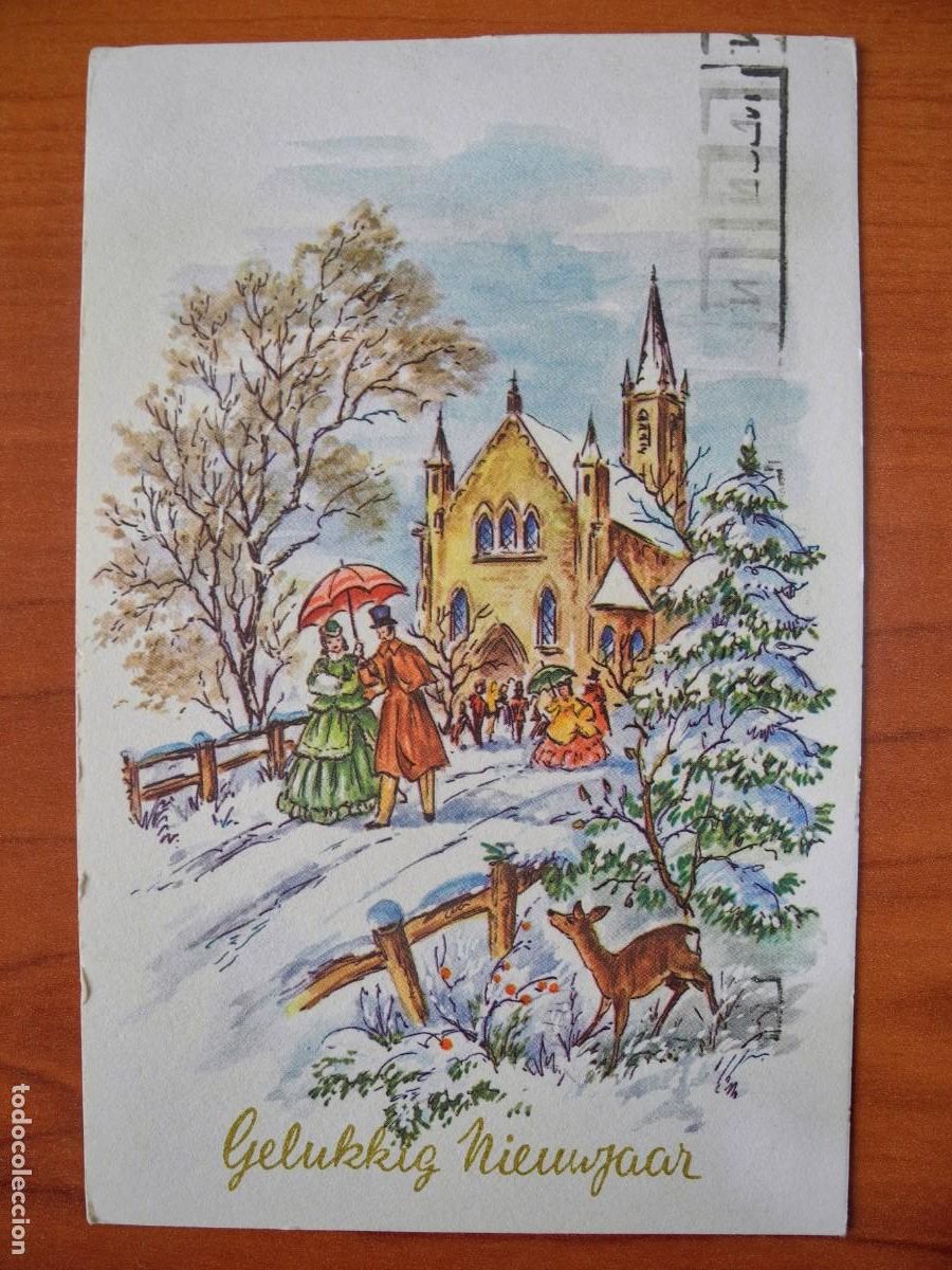 Postkarten: Navidad Paisaje nevado Personas Iglesia Circulada con sello 1960 9x14