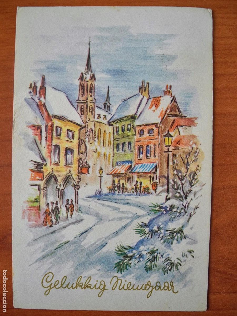 Postkarten: Navidad Ciudad nevada Personas Iglesia Calle Circulada con sello 9x14