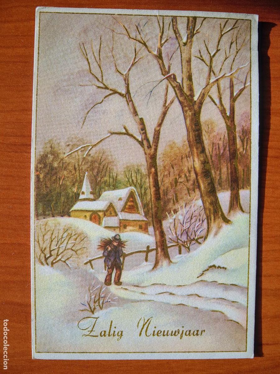 Postkarten: Navidad Paisaje nevado Persona Trazos dorados Circulada sin sello 1955 9x14