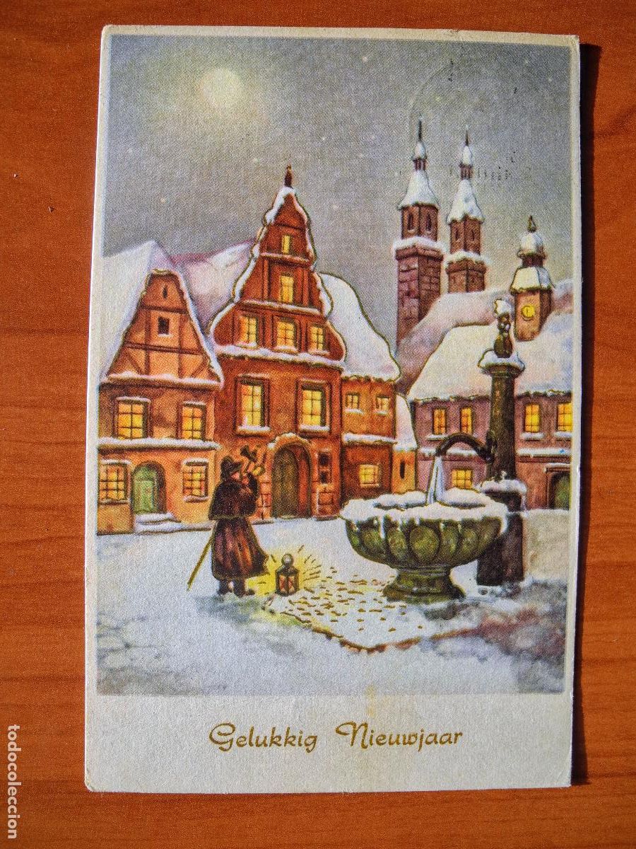 Postais: Navidad Ciudad nevada. Plaza, fuente Sereno Trazos dorados. Circulada con sello 1959 9x14
