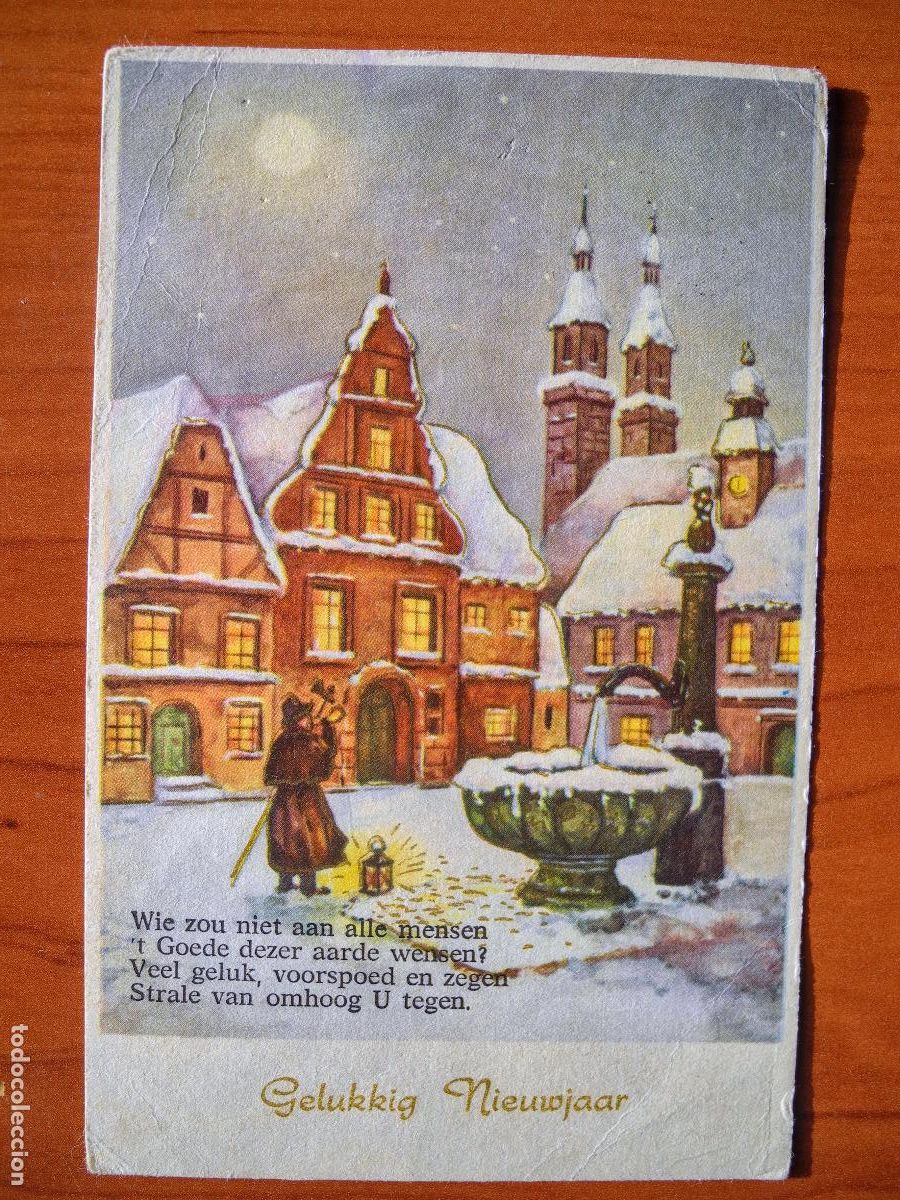 Postais: Navidad Ciudad nevada. Plaza, fuente Sereno Trazos dorados. Circulada sin sello 1959 9x14