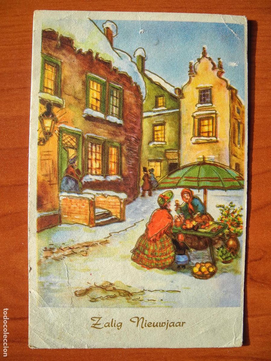 Postais: Navidad Ciudad nevada. Se&ntilde;ora vendiendo Trazos dorados. Circulada sin sello 9x14