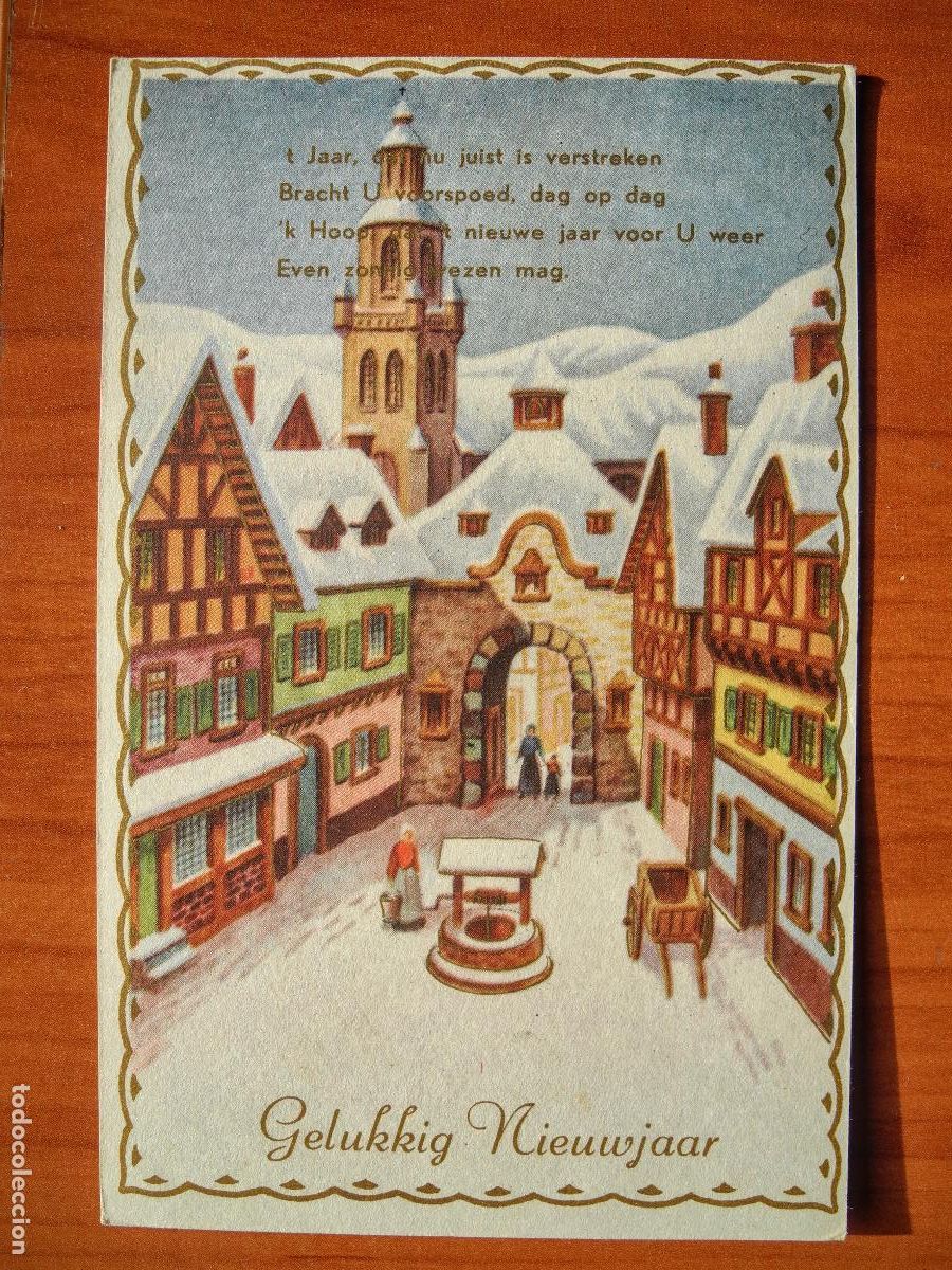 Postais: Navidad Ciudad nevada. Iglesia Plaza, pozo. personas. Trazos dorados Circulada con sello 1956 9x14
