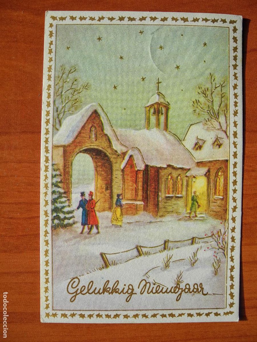 Postais: Navidad Paisaje nevado. Iglesia personas. Trazos dorados Circulada con sello 1956 9x14