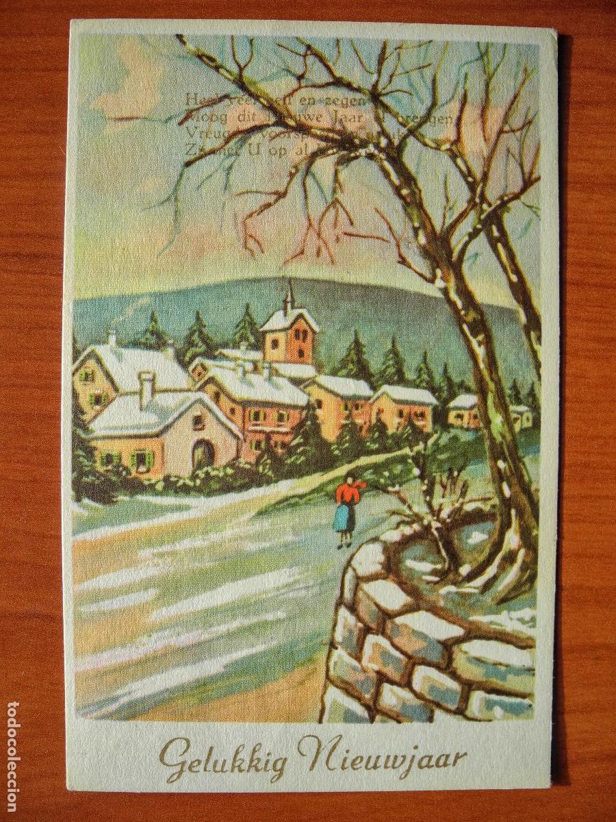 Postais: Navidad Paisaje pueblo nevado Persona Circulada con sello 1965 9x14