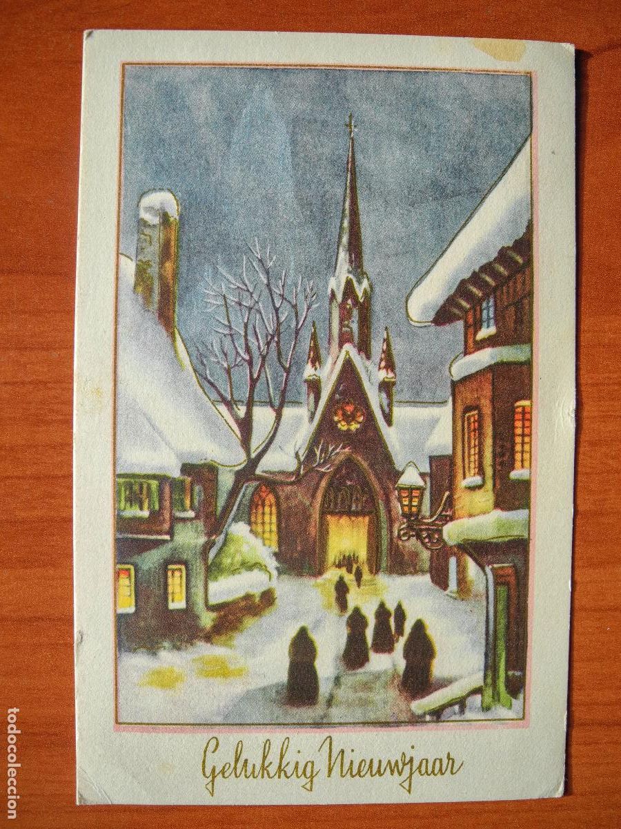 Postais: Navidad Ciudad nevada. Iglesia Personas Trazos dorados Circulada con sello 1964 9x14