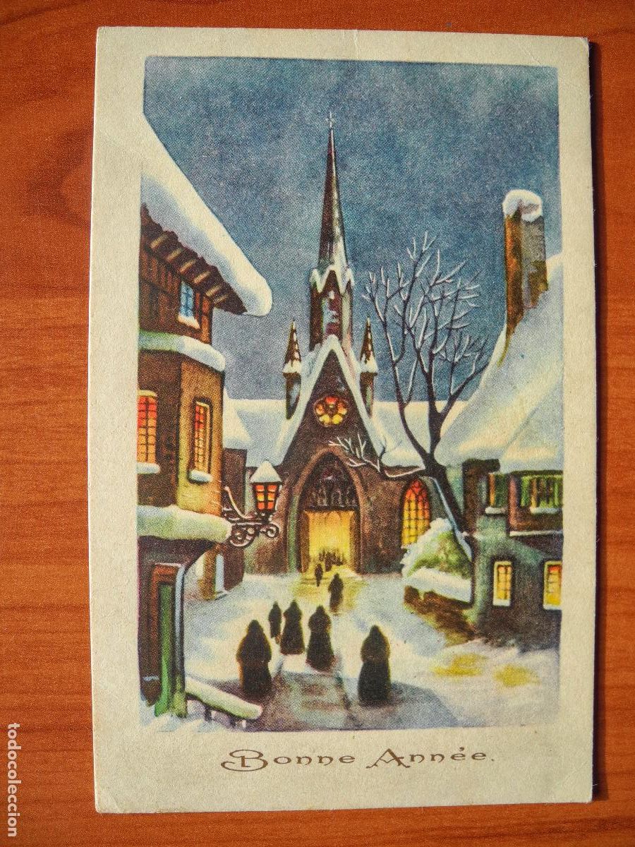Postais: Navidad Ciudad nevada. Iglesia Personas Escrita 1942 9x14