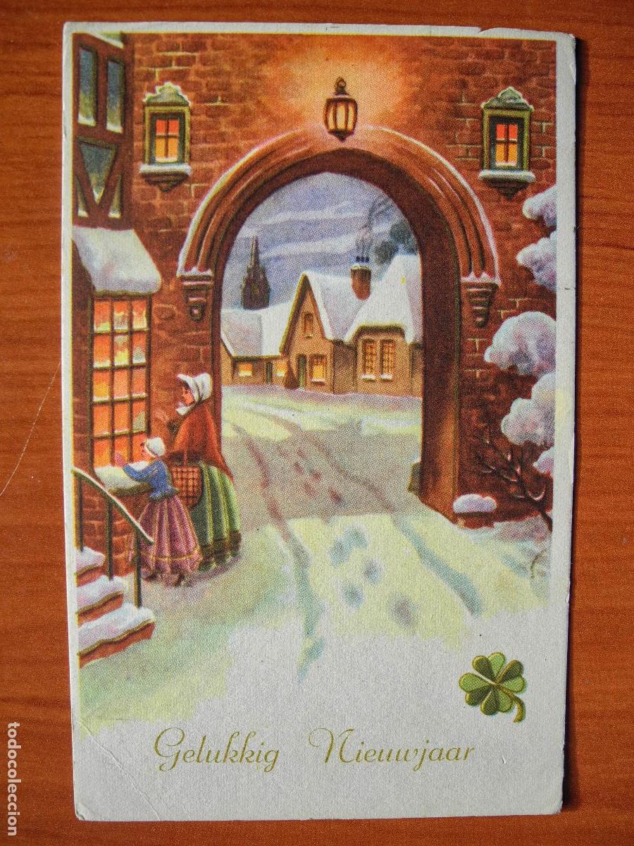 Postais: Navidad Ciudad nevada. Personas Portal Farol. Circulada con sello 9x14