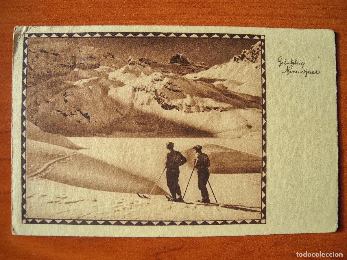 Postais: Navidad Paisaje nevado. Fotograf&iacute;a. Esquiadores.. Circulada sin sello 14x9