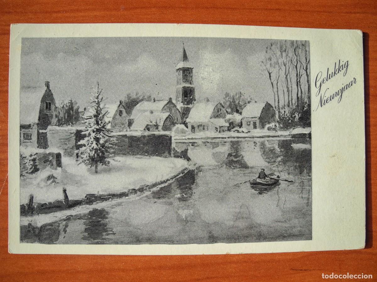 Postkarten: Navidad Paisaje nevado. barca, r&iacute;o. Acabado brillante. Circulada con sello 1940 14x9