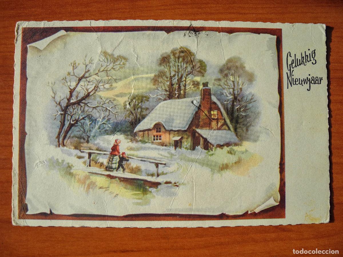 Postais: Navidad Paisaje nevado. Puente, r&iacute;o. personas. Circulada sin sello 14x9