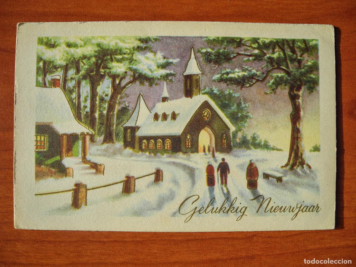 Postais: Navidad Paisaje nevado. Iglesia. personas. Trazos dorados Circulada con sello 1954 14x9
