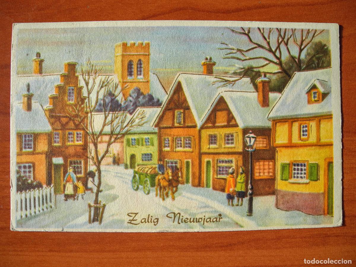 Postais: Navidad Ciudad nevada. Personas, carro calle. Trazos dorados Circulada con sello 1963 14x9