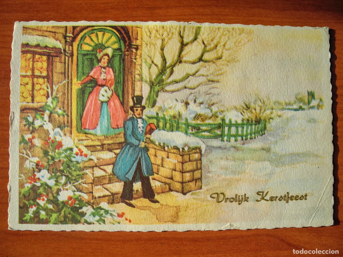 Postais: Navidad Paisaje nevado. Casa. Personas. Circulada con sello 1960 14x9