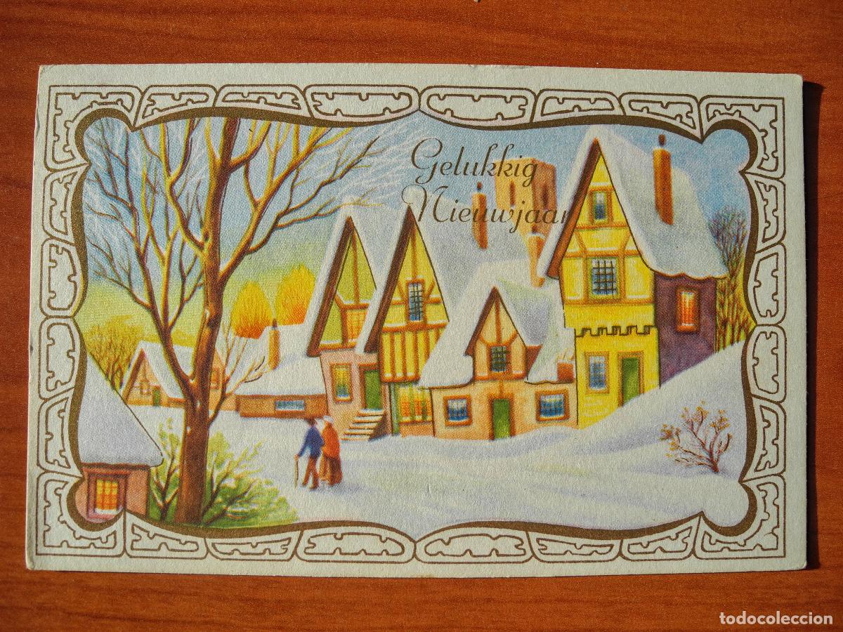 Postcards: Navidad Paisaje nevado. Casas. Personas. Circulada con sello 14x9