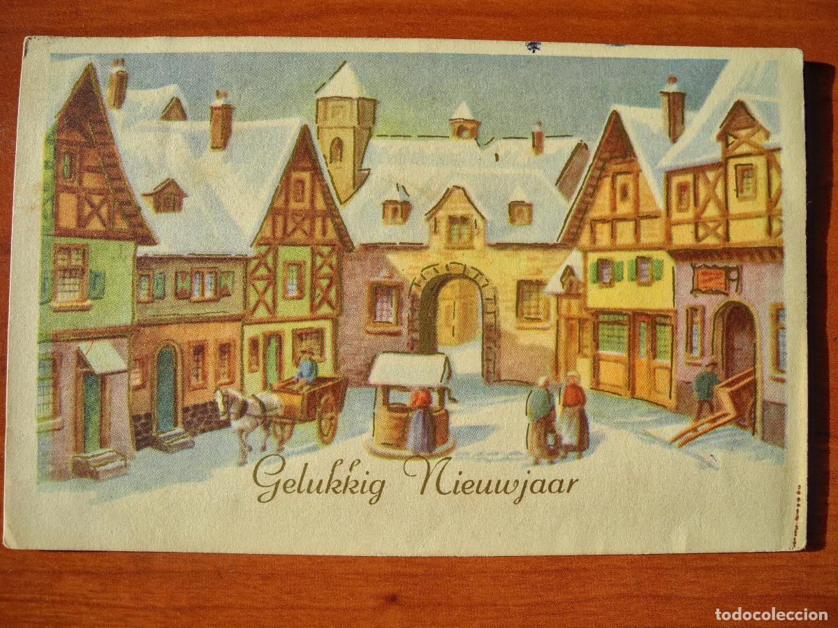 Postcards: Navidad Ciudad nevada. Plaza, pozo, carro. Casas. Personas. Circulada con sello 14x9