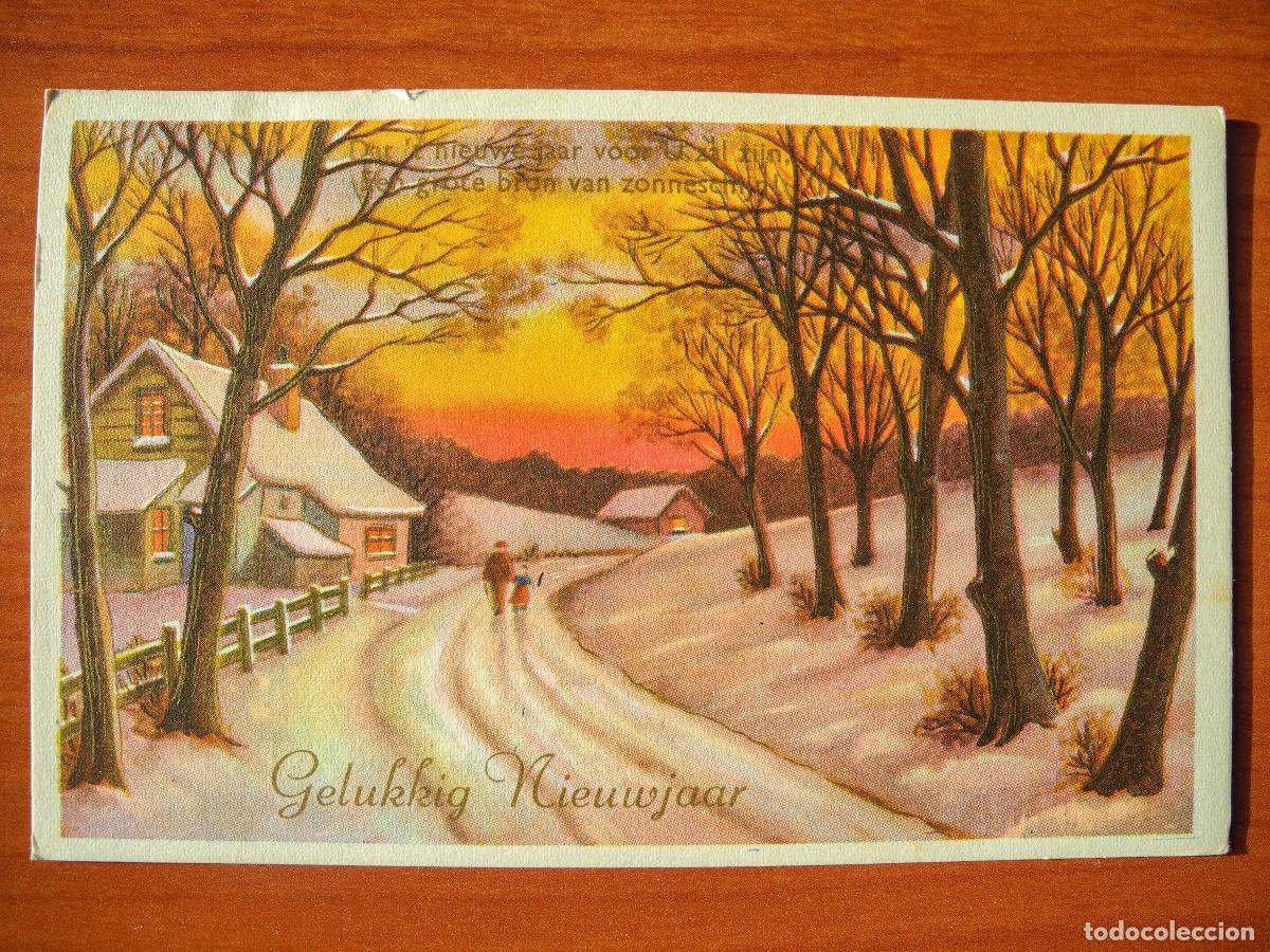 Postcards: Navidad Paisaje nevado. Personas, camino, casa. Trazos dorados Circulada con sello 1963 14x9