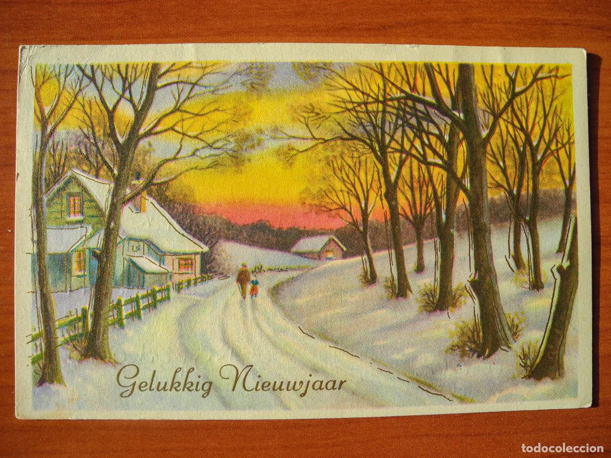 Postais: Navidad Paisaje nevado. Personas, camino, casa. Trazos dorados Circulada con sello 1968 14x9