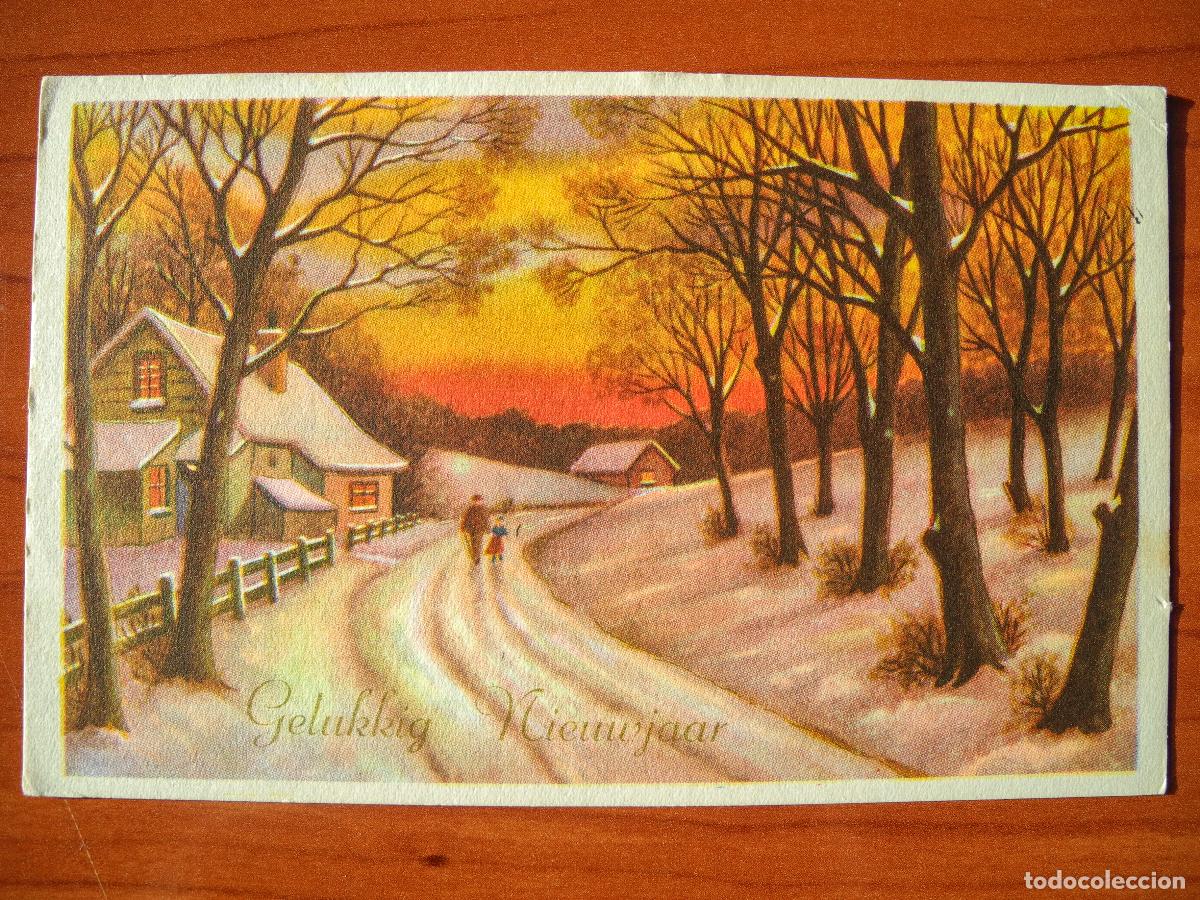 Postais: Navidad Paisaje nevado. Personas, camino, casa. Circulada con sello 14x9