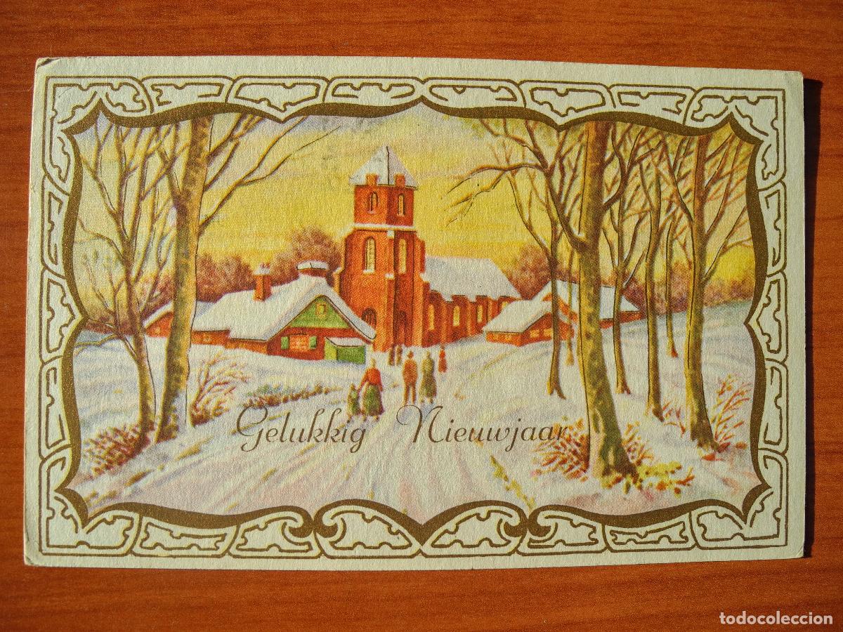 Postais: Navidad ciudad nevada. Personas, Iglesia. Circulada con sello 1957 14x9