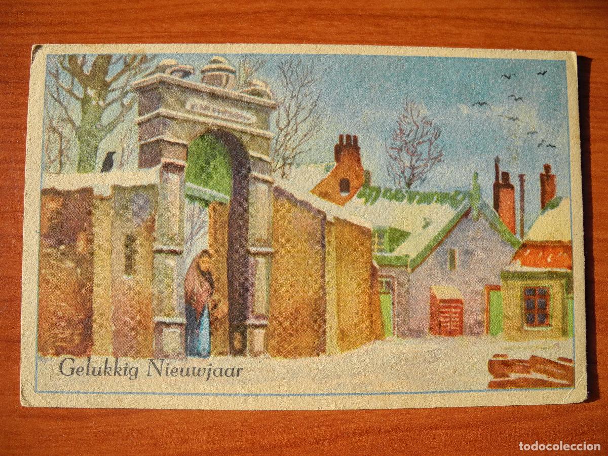 Postais: Navidad Paisaje nevado. Casas puerta persona. Circulada con sello. 14x9