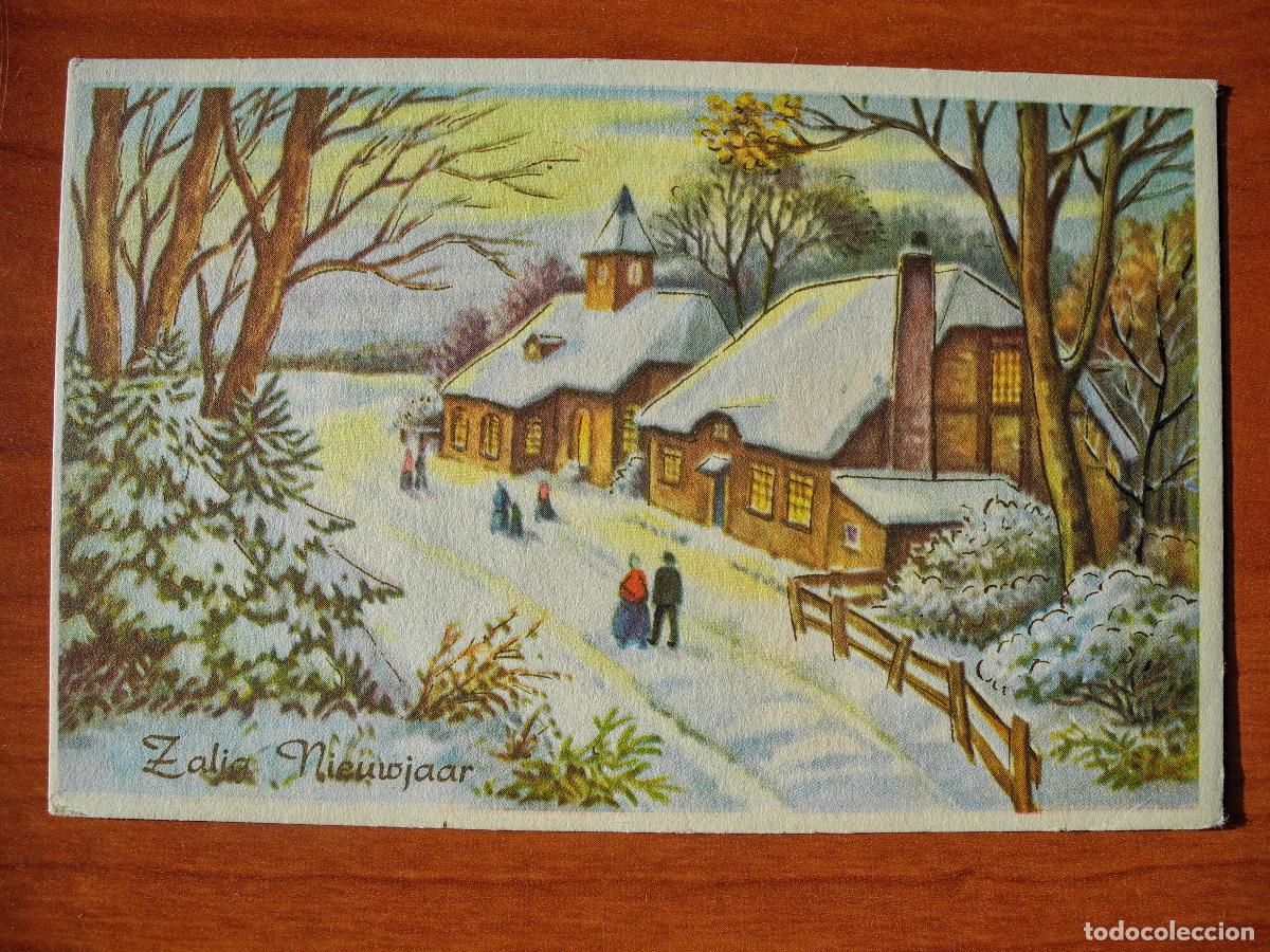 Postais: Navidad Paisaje nevado. personas paseando. Trazos dorados. Escrita 14x9