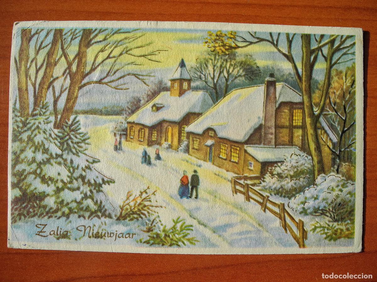 Postais: Navidad Paisaje nevado. personas paseando. Trazos dorados. Circulada con sello 1960 14x9