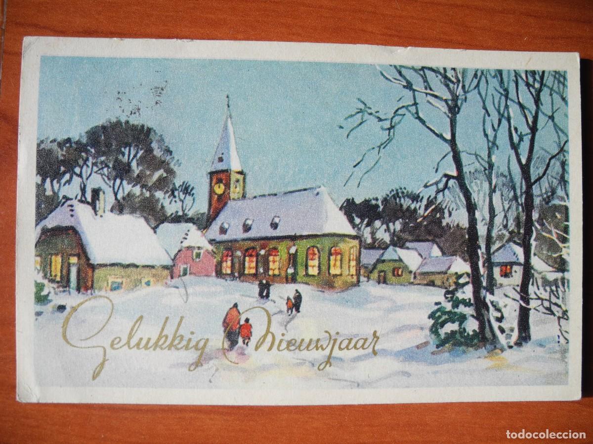 Postais: Navidad Paisaje nevado. Iglesia. Personas caminado. Circulada con sello 1951 14x9