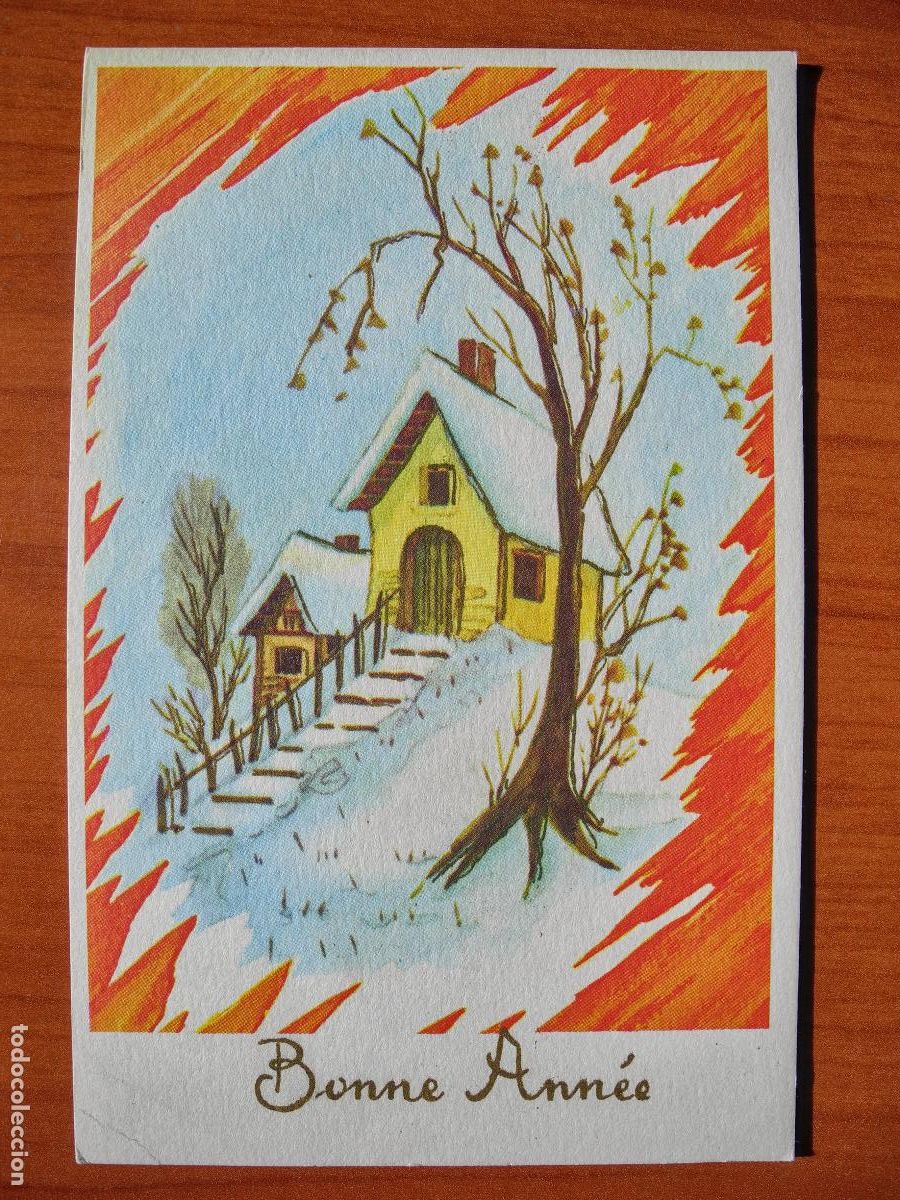 Postcards: Navidad. Paisaje nevado. Casa. Trazos dorados. Nueva. 9x14