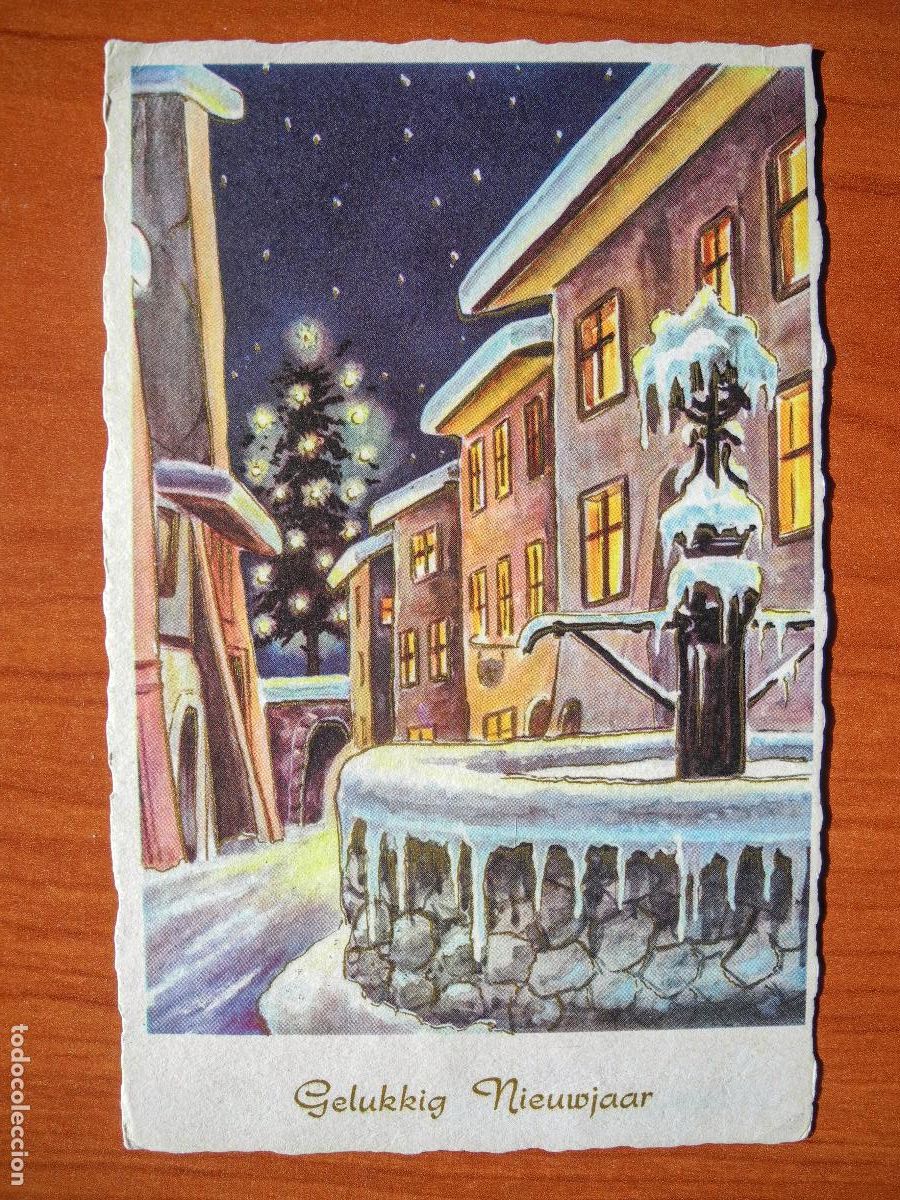 Postcards: Navidad. Paisaje nevado. Fuente. Casas. Trazos dorados. Circulada sin sello 9x14