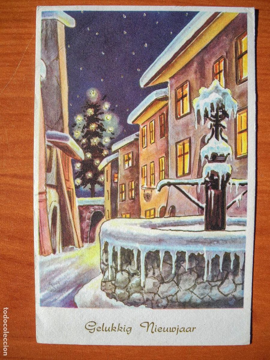 Postcards: Navidad. Paisaje nevado. Fuente. Casas. Trazos dorados. Circulada con sello 1961 9x14