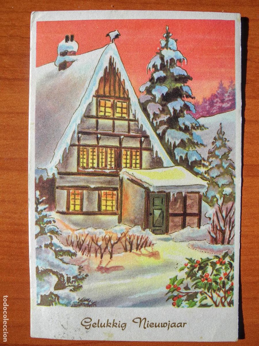 Postcards: Navidad. Paisaje nevado. Casa. Trazos dorados. Circulada con sello 1963 9x14