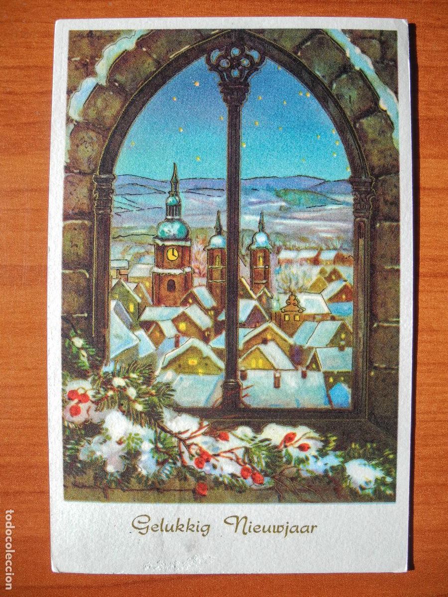 Postcards: Navidad. Paisaje nevado. Casas. Iglesia. Ventana. Trazos dorados. Circulada con sello 1964 9x14