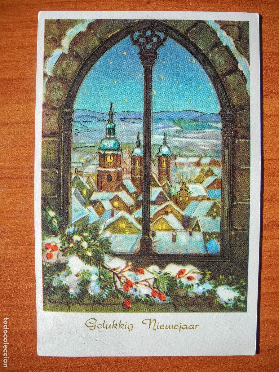 Postcards: Navidad. Paisaje nevado. Casas. Iglesia. Ventana. Trazos dorados. Circulada con sello 1963 9x14