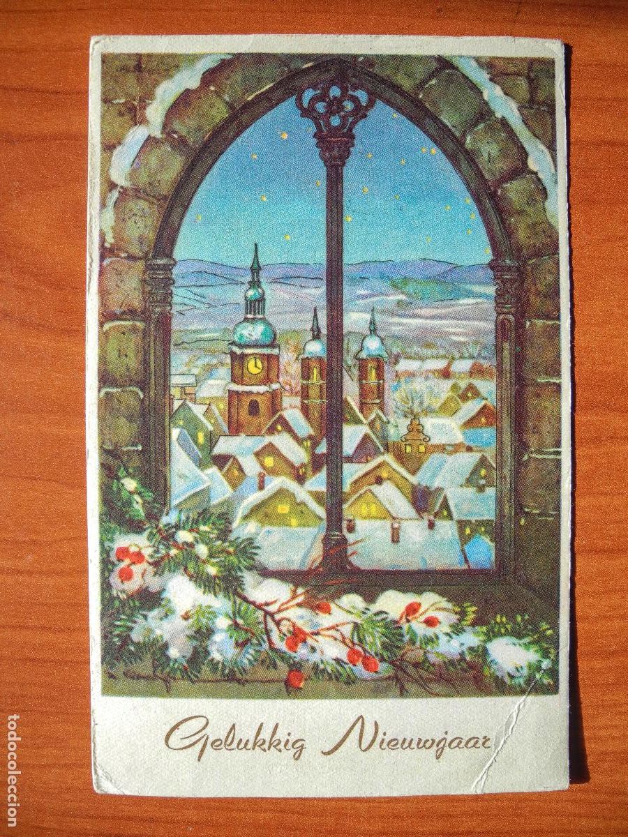 Postcards: Navidad. Paisaje nevado. Casas. Iglesia. Ventana. Circulada con sello 1959 9x14