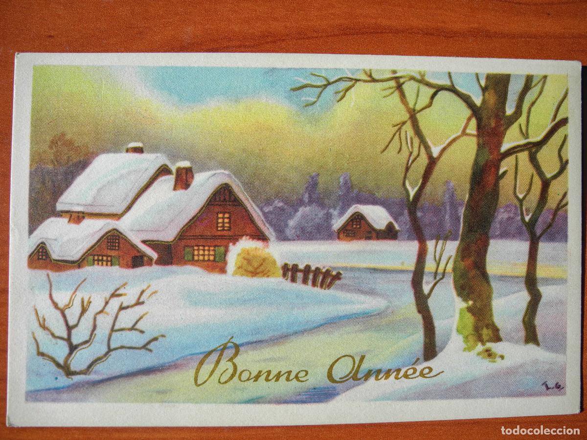 Postcards: Navidad. Paisaje nevado. Casas. Trazos dorados. Nueva. 14x9