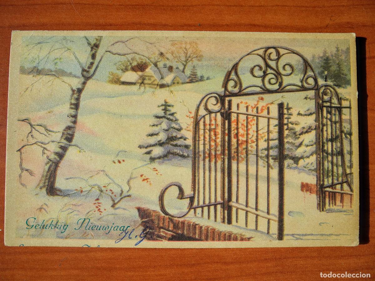 Postkarten: Navidad. Paisaje nevado. Puerta. Circulada con sello 1958. 14x9