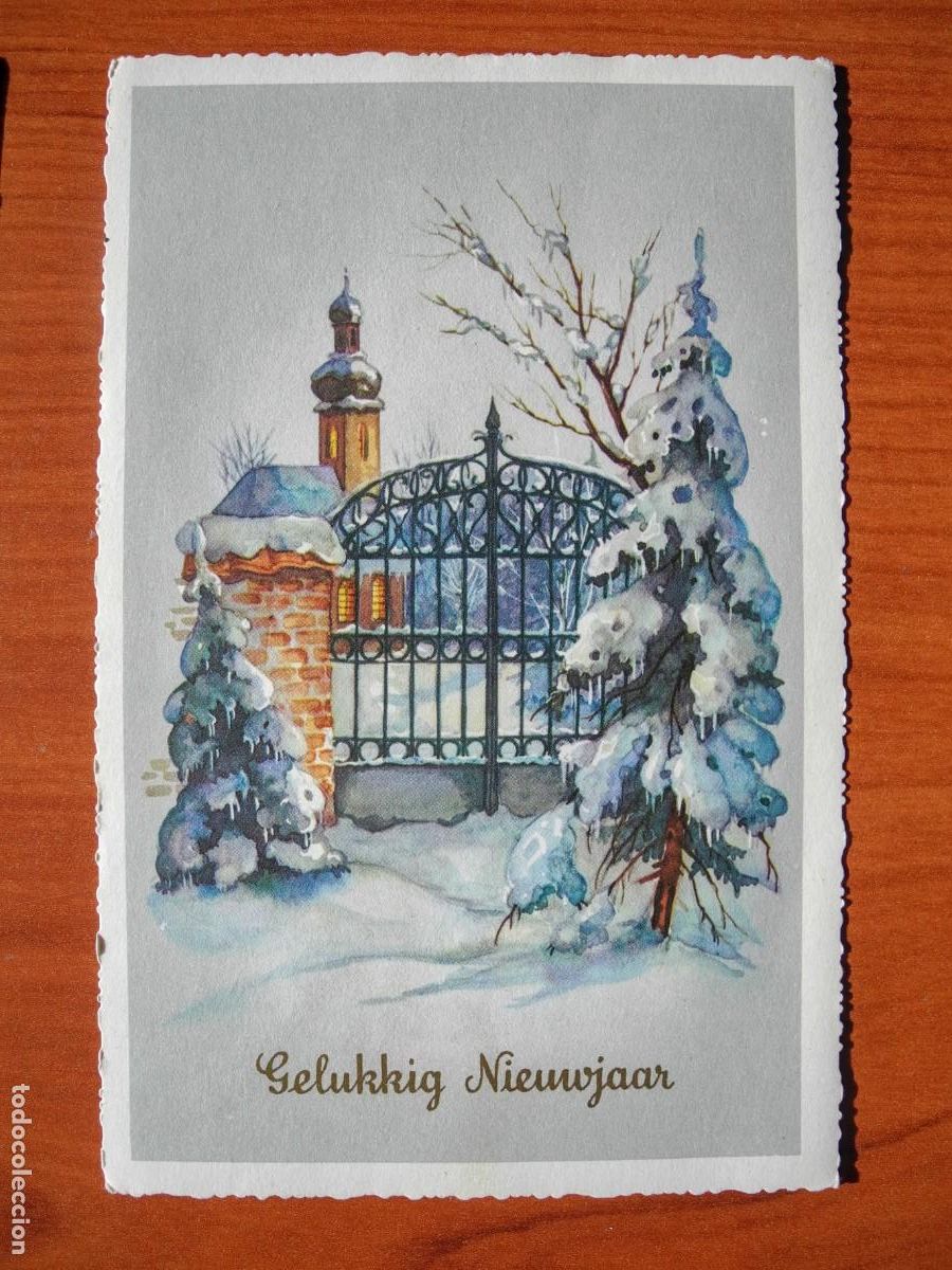 Postkarten: Navidad. Paisaje nevado. Puerta. Troquelada. Circulada con sello 9x14