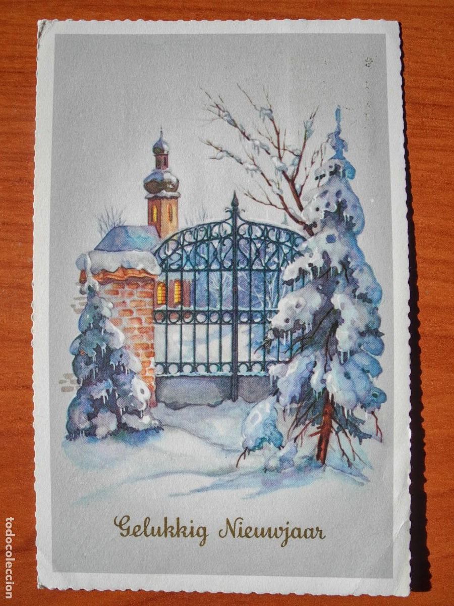 Postkarten: Navidad. Paisaje nevado. Puerta. Troquelada. Circulada con sello 1961 9x14