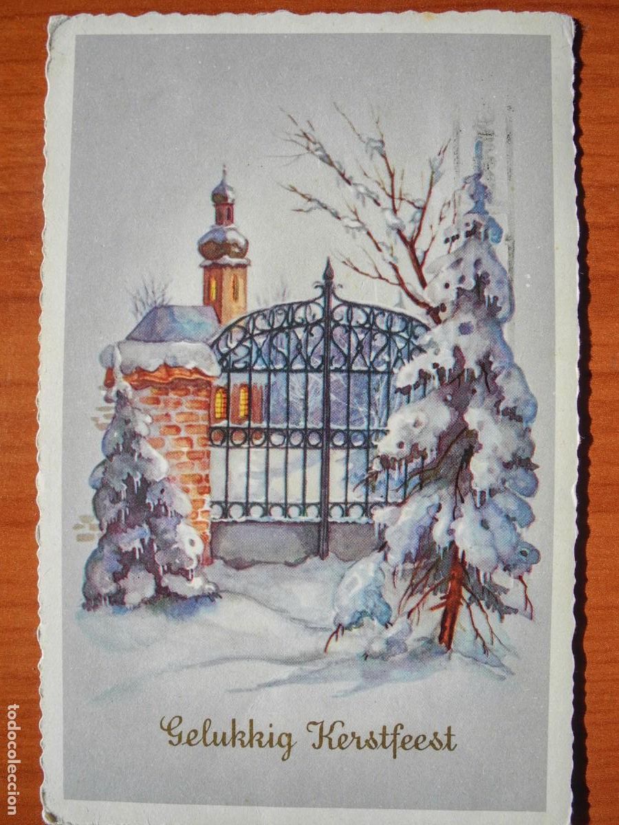 Postkarten: Navidad. Paisaje nevado. Puerta. Troquelada. Circulada con sello 9x14